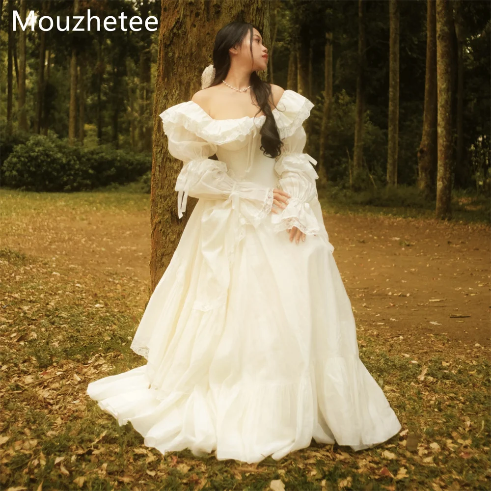 Mouzhetee A-Line Off The Shoulder Lace Bow Wedding Dresses Elegant Long Sleeve Corset Brides Gown Custom Made 2026