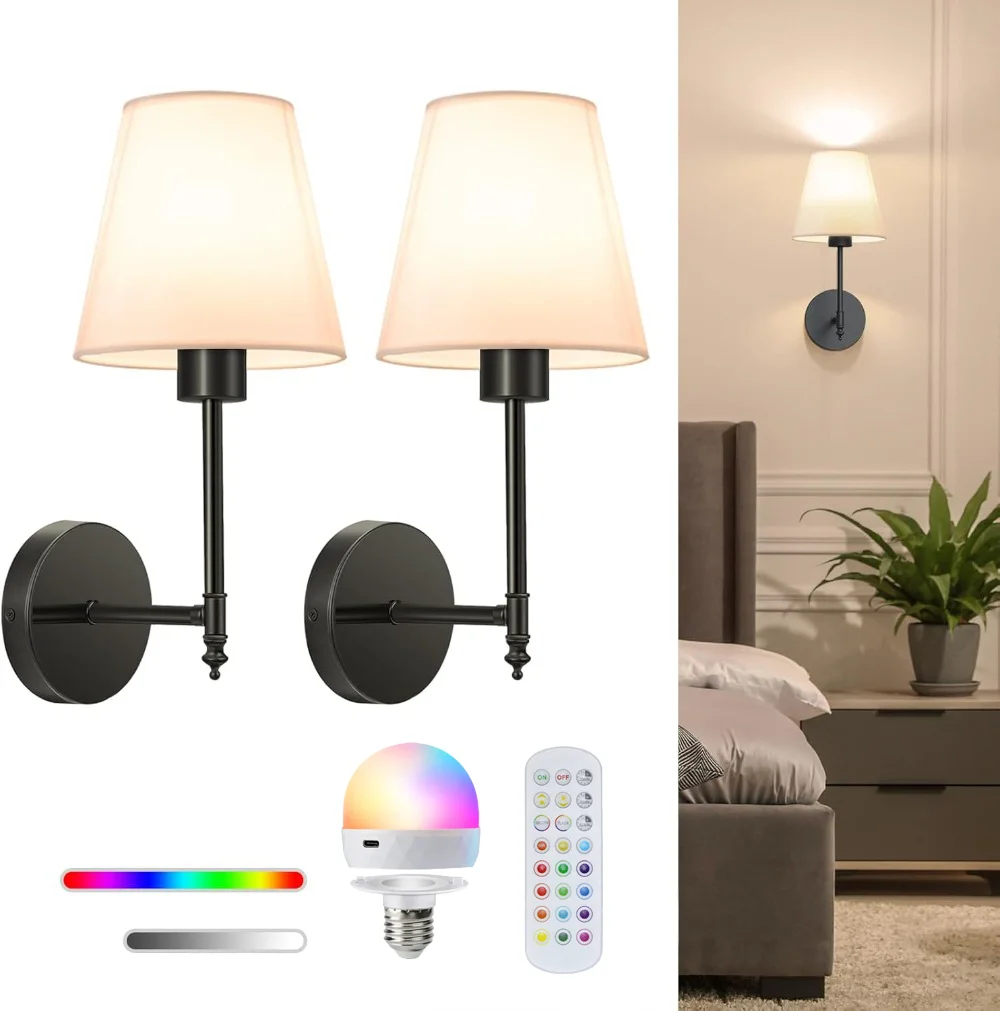 

Комплект из 2 беспроводных настенных светильников RGB с пультом ДУ, диммируемые, для декора дома, прикроватные, для гостиной, светодиодные бра