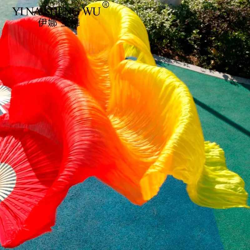 Hits High Selling Women Quality Silk Belly Dance Fan Dance 100% Real Silk Veils 1 Pair 180*90 CM Red+Orange+Yellow