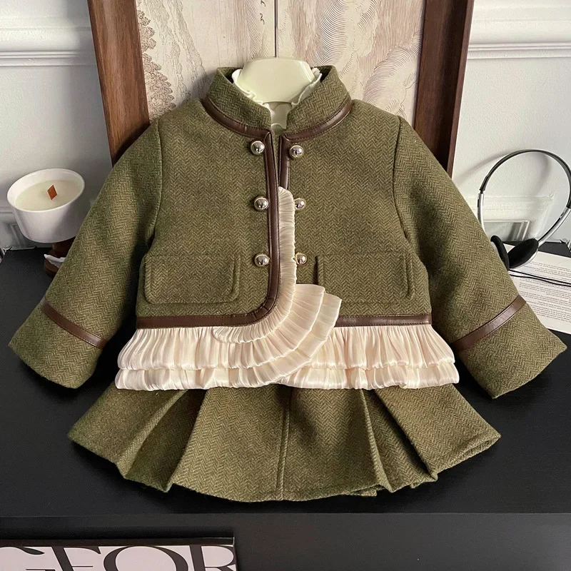 

Girl Suit 2023 New Autumn Winter Fashion Style Fleece Sets Baby Girl Solid Long Sleeved Coat Thick Skirt Children Two Piece Suit