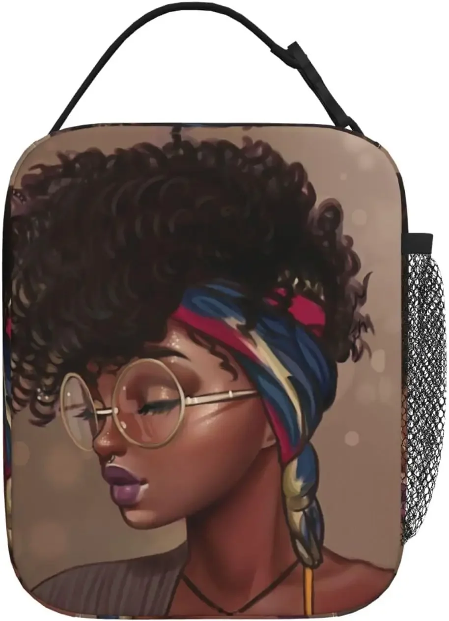 African American Afro Woman Lunch Bag Portable Insulated Lunch Box Women Reusable Thermal Bento Bags for Travel Picnic Work