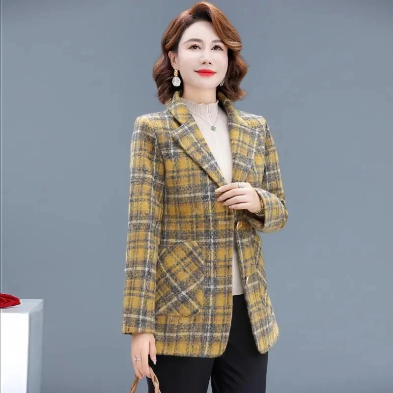 Middle Aged Mother Suit Coat 2024 NEW Spring Autumn Fashion Plaid Tops Woolen Jacket Large Size Elegant Women Blazer Outwear 5XL