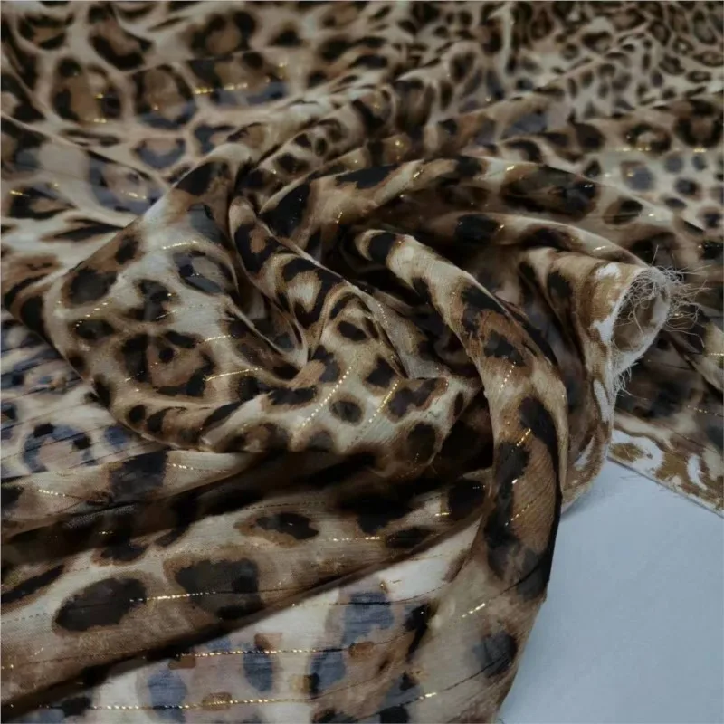 Tecido Chiffon de leopardo, linha dourada, flor cortada, moda