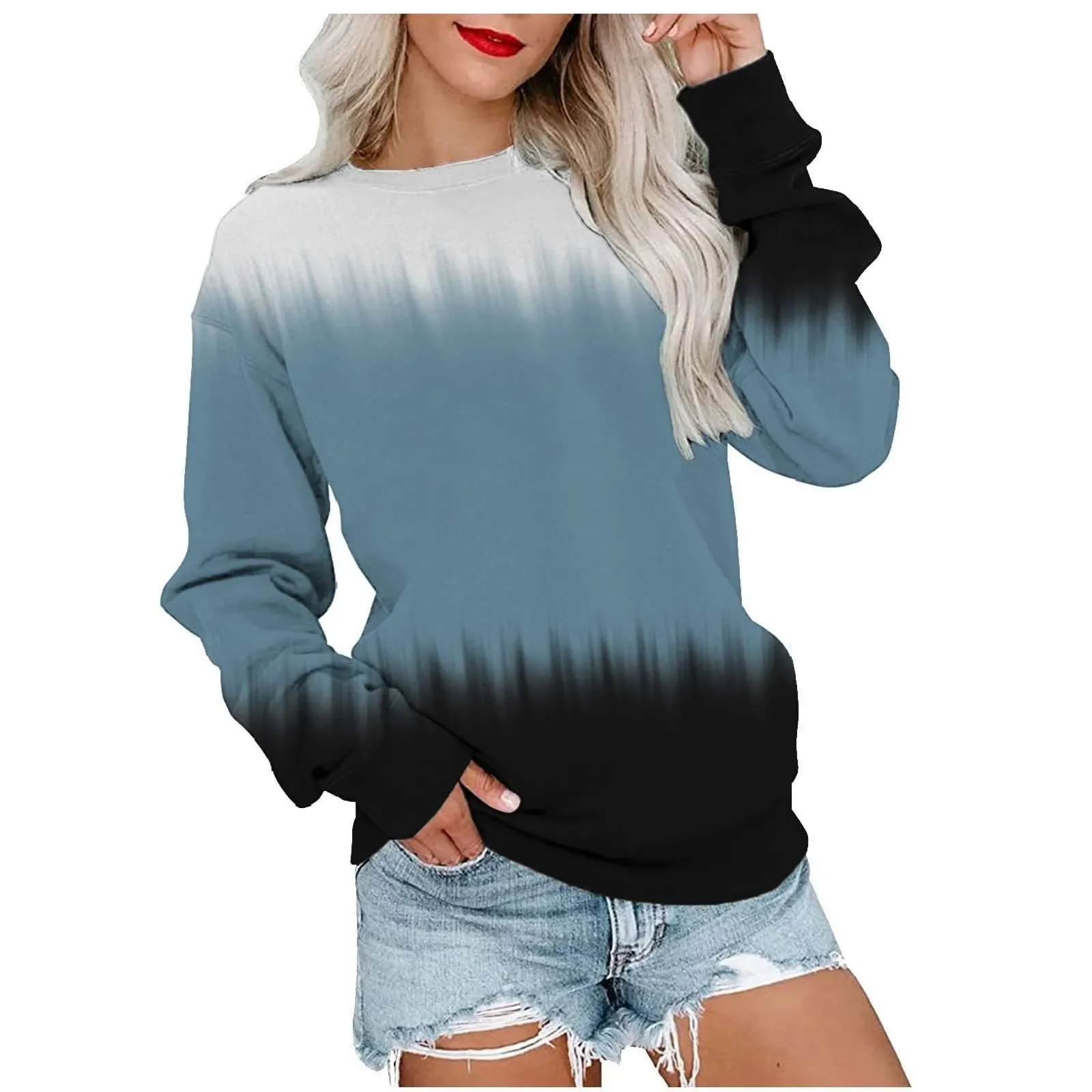 

2024 New Autumn and Winter New Gradual Color 3D Digital Printing Casual Loose Women's Crew-neck Hoodie