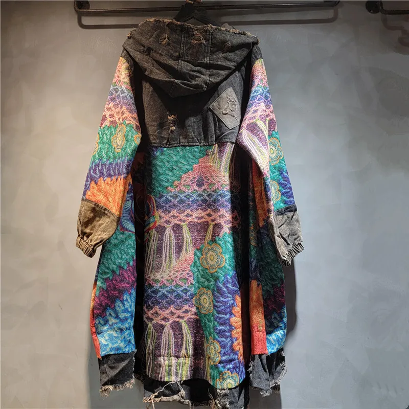 [ZOCI] Street plant flower mang knitted patchwork denim hooded mid to long cardigan jacket women autumn new item