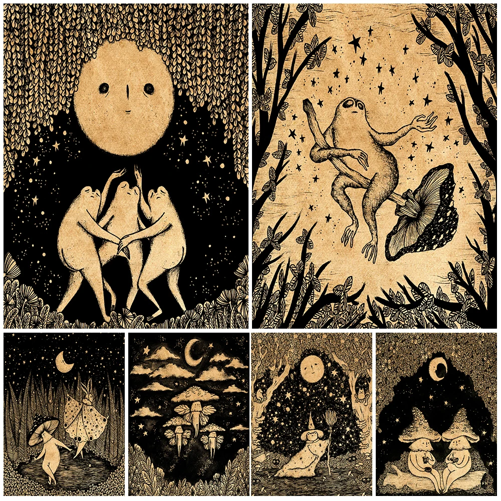 Dibujo a lápiz Vintage de bruja de rana bailarina, impresión artística de elfos de seta y polilla, arte de pared, pintura en lienzo, póster de fantasma encantador, decoración