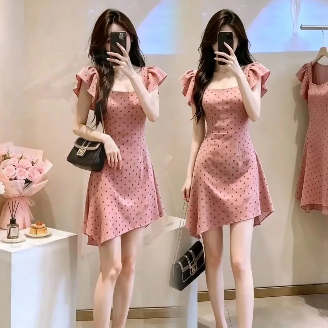 2026 Pink Polka Dot Dress Women's Summer High Waist Short Skirt Square Collar Fly Sleeve Age Reduction A-Line Dress