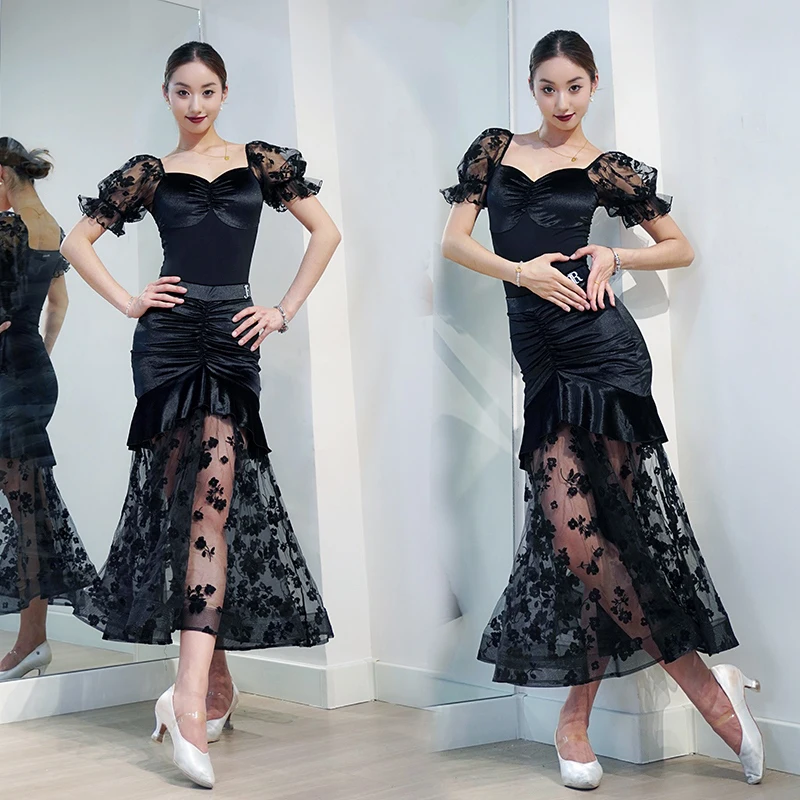 Ballroom Dance Clothes Women Adult Wrap Hip Sexy Black Long Skirt Lace Gauze Waltz Dance Skirt Practice Performance Wear NV20015