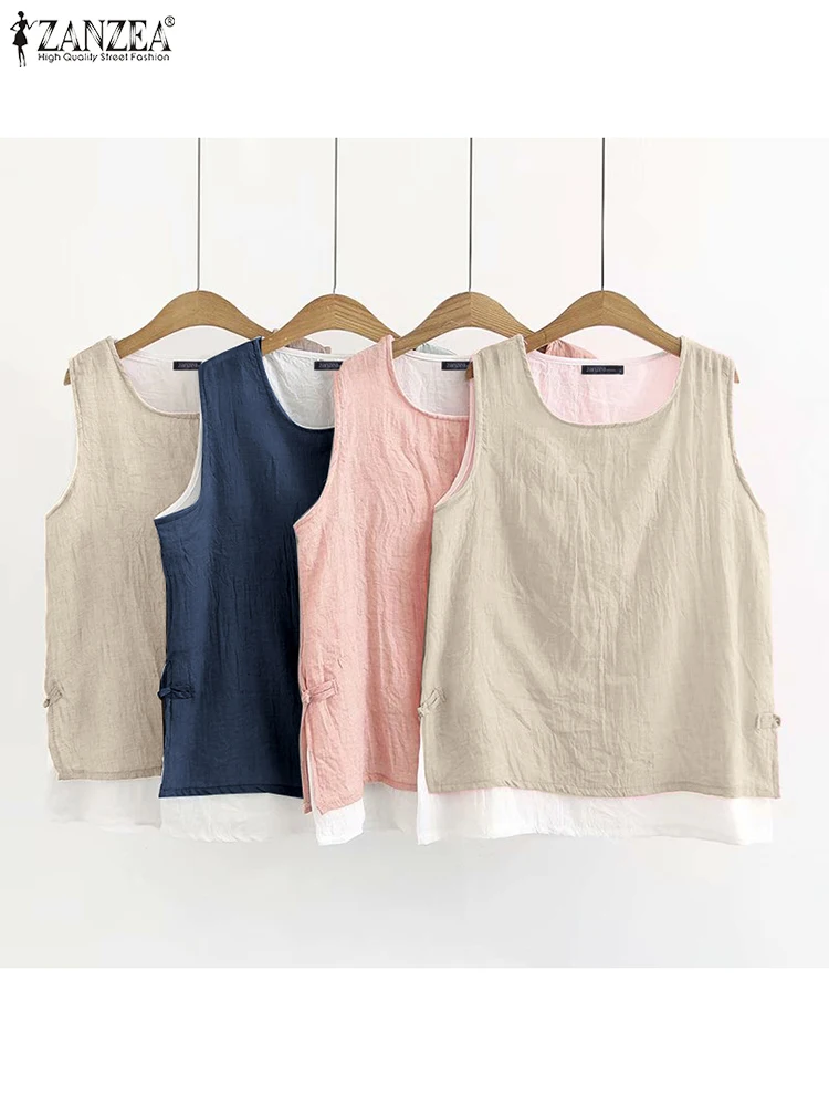 ZANZEA O-neck Beach Tanks Casual Summer Fashion Solid Double Layer Tops Women Sleeveless Loose Holiday Tunics Side Slit Blouse