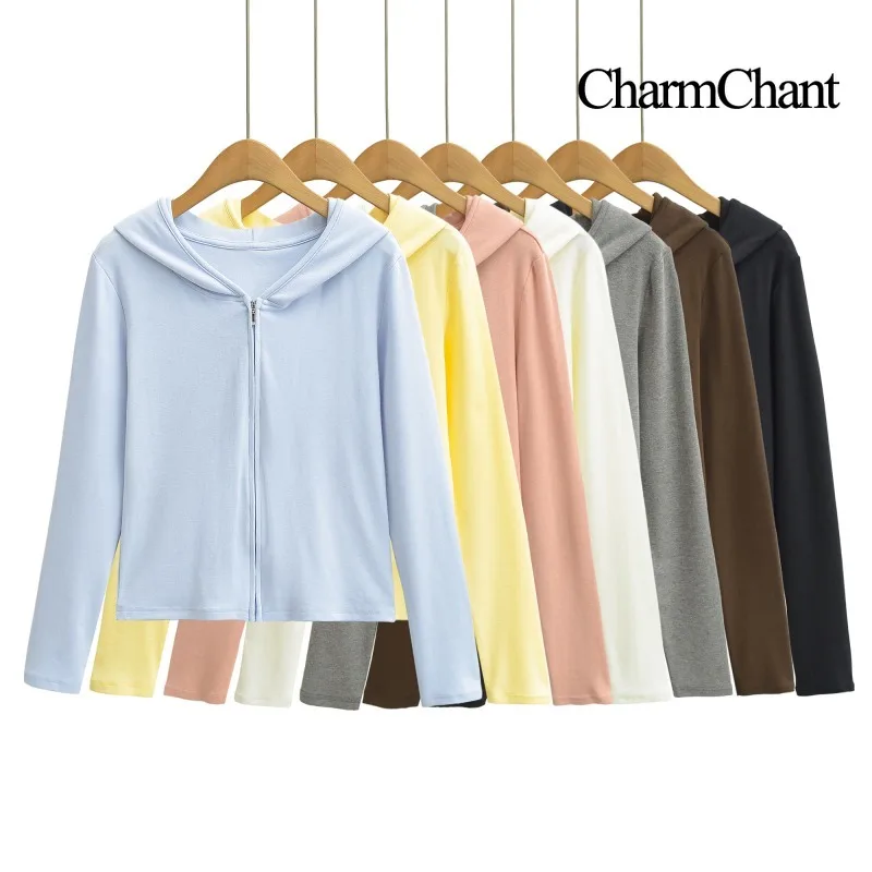 CHARMCHANT Women's Hooded Zip Up Long Sleeve Fitted Jacket Thin Active Hoodie Slim Crop Top Casual Yoga Outerwear Autumn 2026