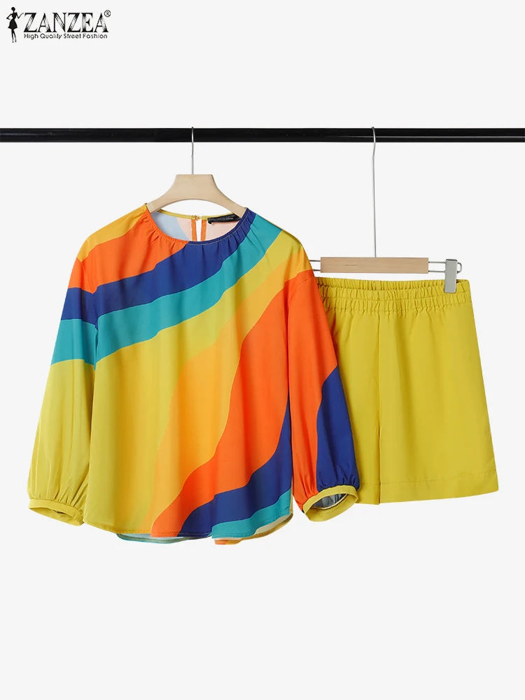 

ZANZEA Fashion Summer Two Pieces Sets 2PCS Women 3/4 Sleeve Pinted Blouse Shorts Suit Matching Sets Holiday Outfits Oversize