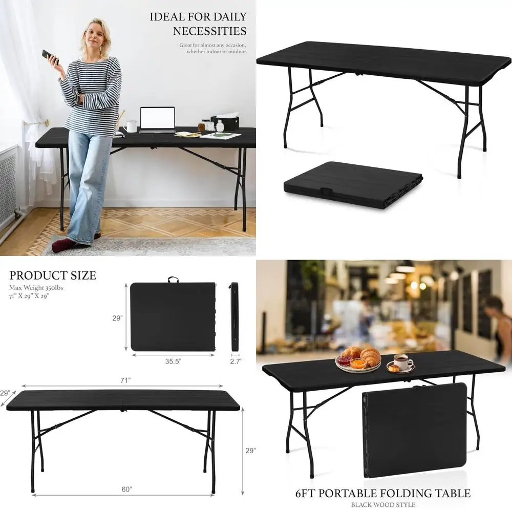 Portable Folding Plastic Table 72 with Carry Handle - Heavy Duty for Indoor, Outdoor, Camping, Picnic, Party, Wedding, Dining, O