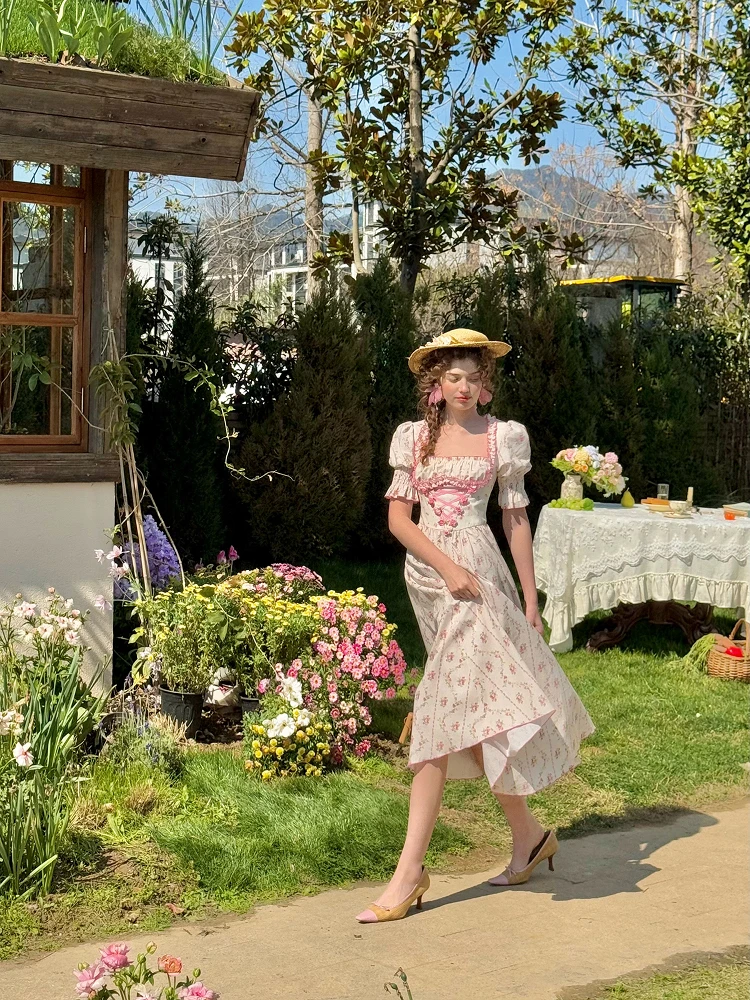 TIYIHAILEY Primavera Estate Donna Abito Manica corta Lungo a metà polpaccio Donna Colletto quadrato XS-XL Vintage Vita alta Stampato 2026 Nuovo