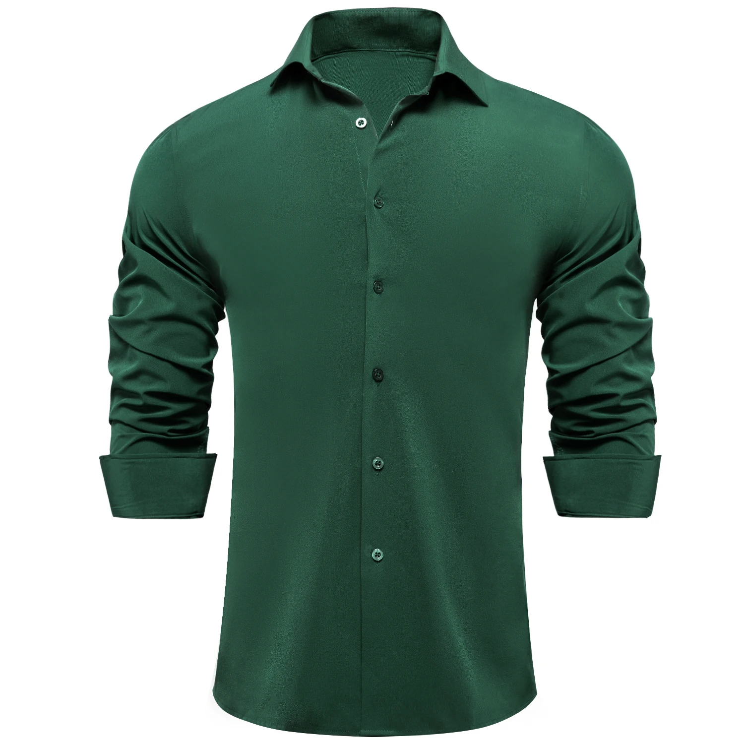 Hi-Tie Fashion Dark Green Men\'s Shirts Silk Long Sleeve Lapel High Quality Slim Fit Shirt For Male Wedding Business Formal Party