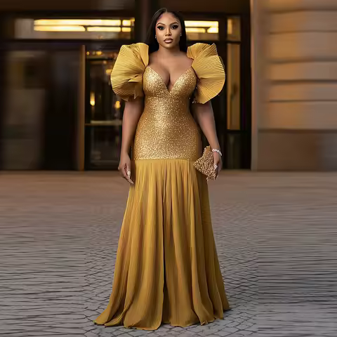 Aso Ebi Gold Mermaid Prom Dress Deep V Neck Evening Gowns Women Formal Occasion Party Dress