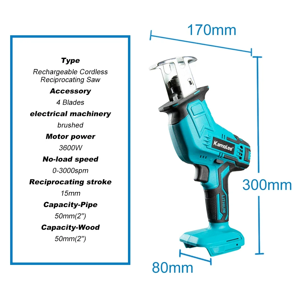 Kamolee  Brushless Cordless Electric Reciprocating Saw Variable Speed Metal Wood Cutter Tool 3600W 12000SPM For Makita 18V Batte