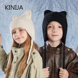 Knitted Hat Winter Children Ear Protection Beanie Cap Cute Cat Ear Hat Wool Plush Cold-proof Warm  Boy Girl  Bucket Hat Bonnets