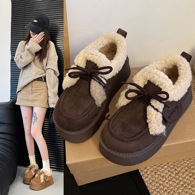 

Women's Plush Lined Slip-On Shoes Style Fall Winter New Thick Bottom Loafers Warm Cotton Shoes with Tie Design Snow Boots