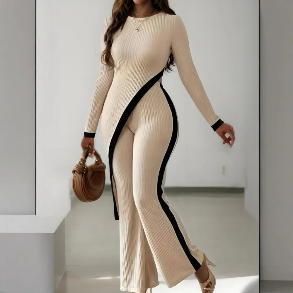 

Fashion Black Striped Irregular Slit Long Top For Women 's Autumn Slim Fit Body-hugging Long Pants Elegant Woman 2piece Set 2025