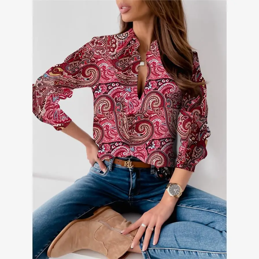 女性の長袖プリントシャツ春秋冬新スタイル綿ポロ襟インナーウェアカジュアルファッション中国ブランド