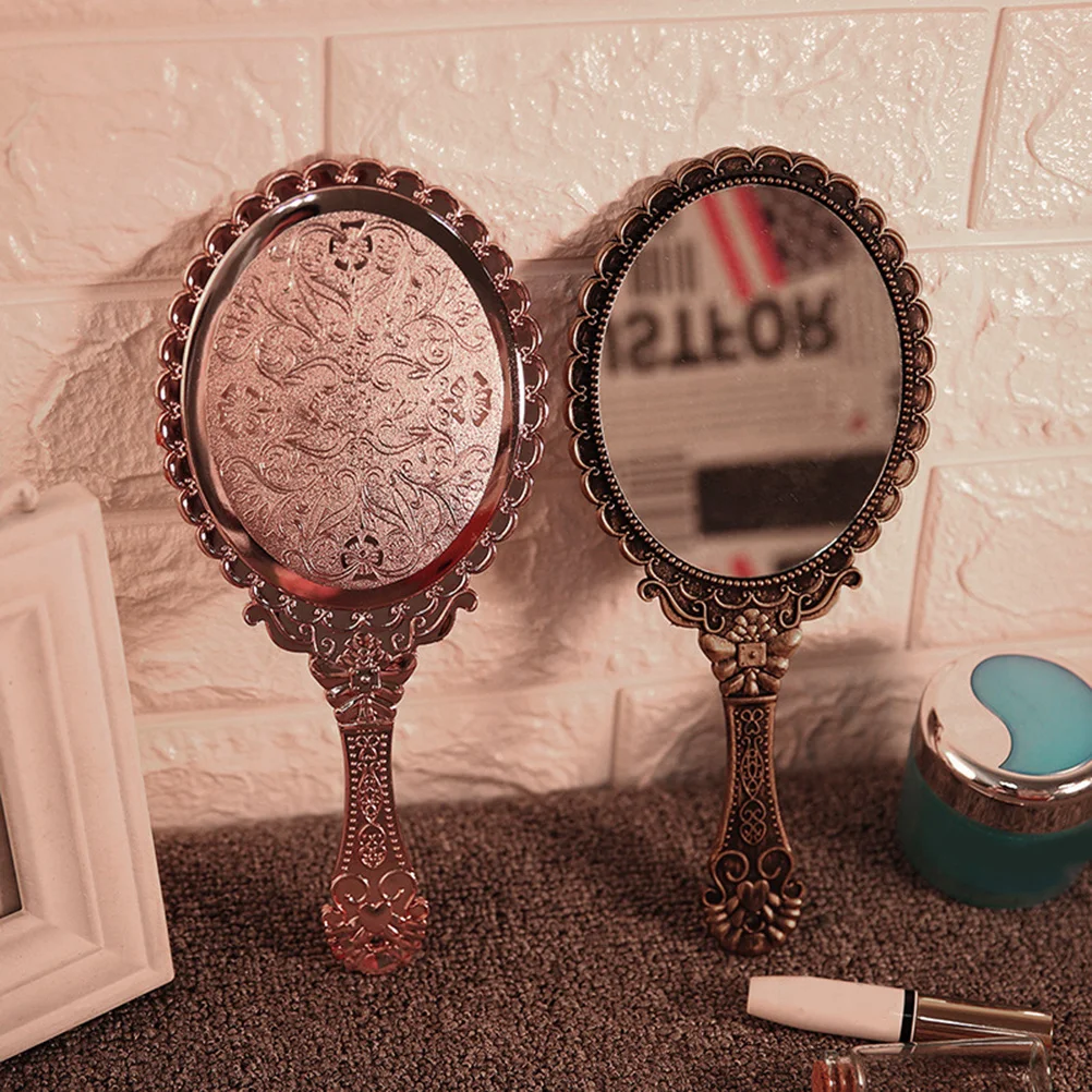 

Portable Retro Pattern Handle Makeup Mirror Lightweight Hand Held for Beauty Salon Vanity Table Travel Pink 25cm 12cm