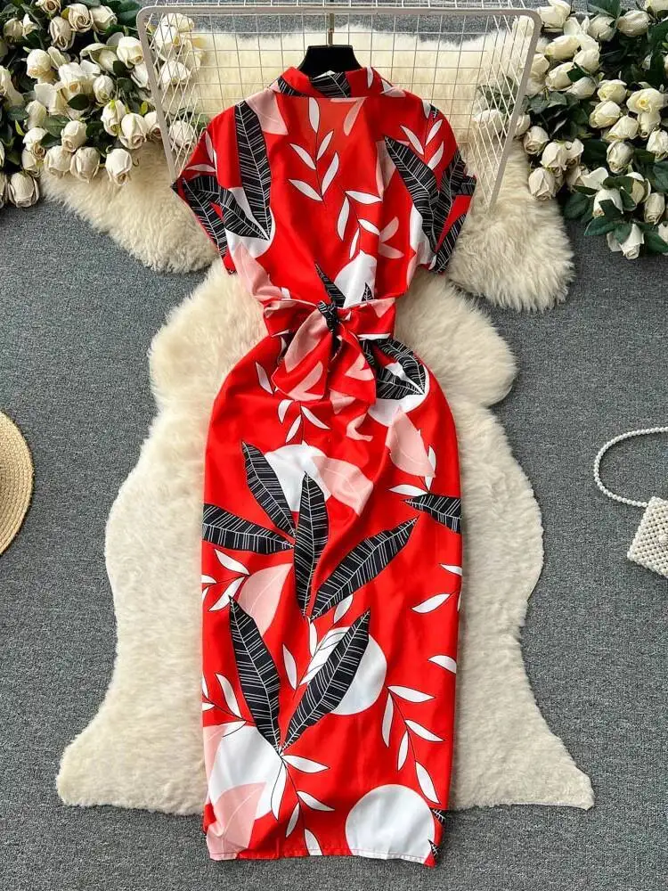 Abito estivo stampato retrò Abito da donna con risvolto monopetto floreale Abiti da donna a pieghe a vita alta Elegante abito lungo da ufficio