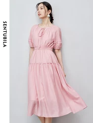 SENTUBILA Summer Midi Pink Dress Women 2024 Fashion Elegant Tied Neck Lantern Sleeve A Line Dresses Woman Clothes 142L54931