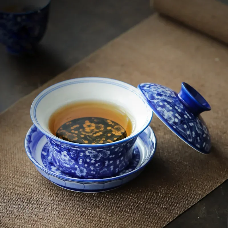 Blue and White Porcelain Set, Gaiwan, Tea Tureen, Ceramic Cup Set, Chinese Tea, Full Color, Prunus Mume, 3 Pcs