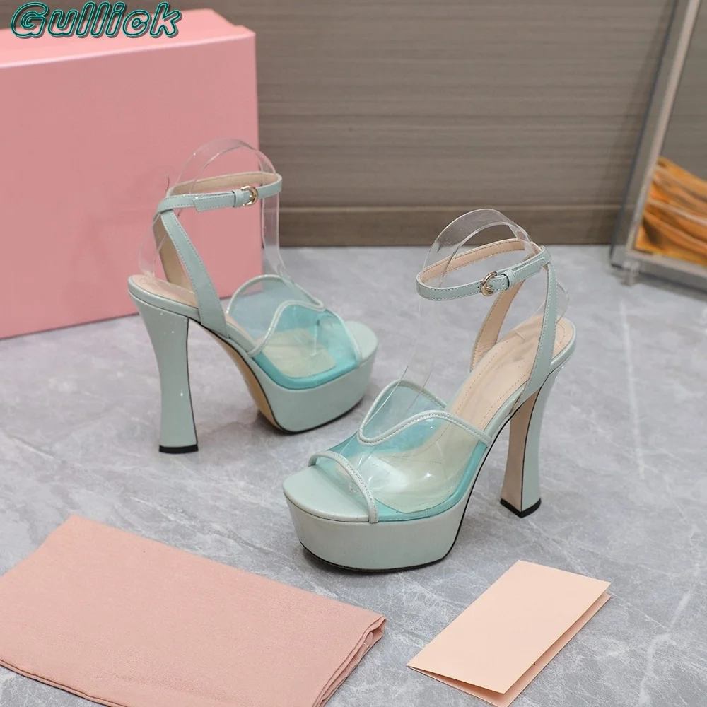 

Aqua Blue Sandals Open Toe Chunky Heel High Heels Platform Ankle Buckle Strap Back Strap Narrow Band Women Transparent Shoes