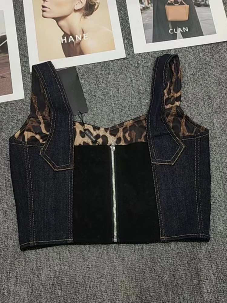 Spring 2025 women's new retro denim strapless top fashion all-matching geometric print sexy halter top