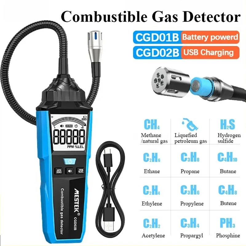 Combustible Gas Leak Detector Sound Light Alarm Flammable Natural Gas Leak Location Determine Meter Tester with Flex Probe