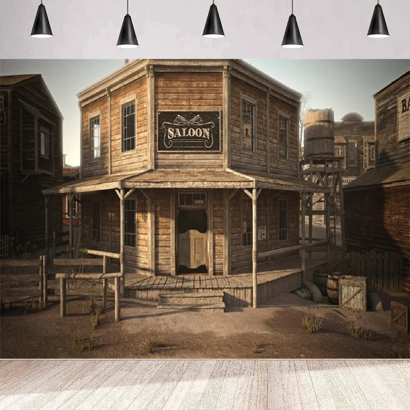 Western Cowboy Saloon Photography Backdrop Wild West Wood Architecture Vintage Wooden Building Barn Bank Background Wall Poster