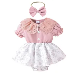 Newborn Baby Girl Bodysuit 2 Piece Outfits Summer Clothes Floral Short Sleeve Buttons Jumpsuit Dress with Cute Headband