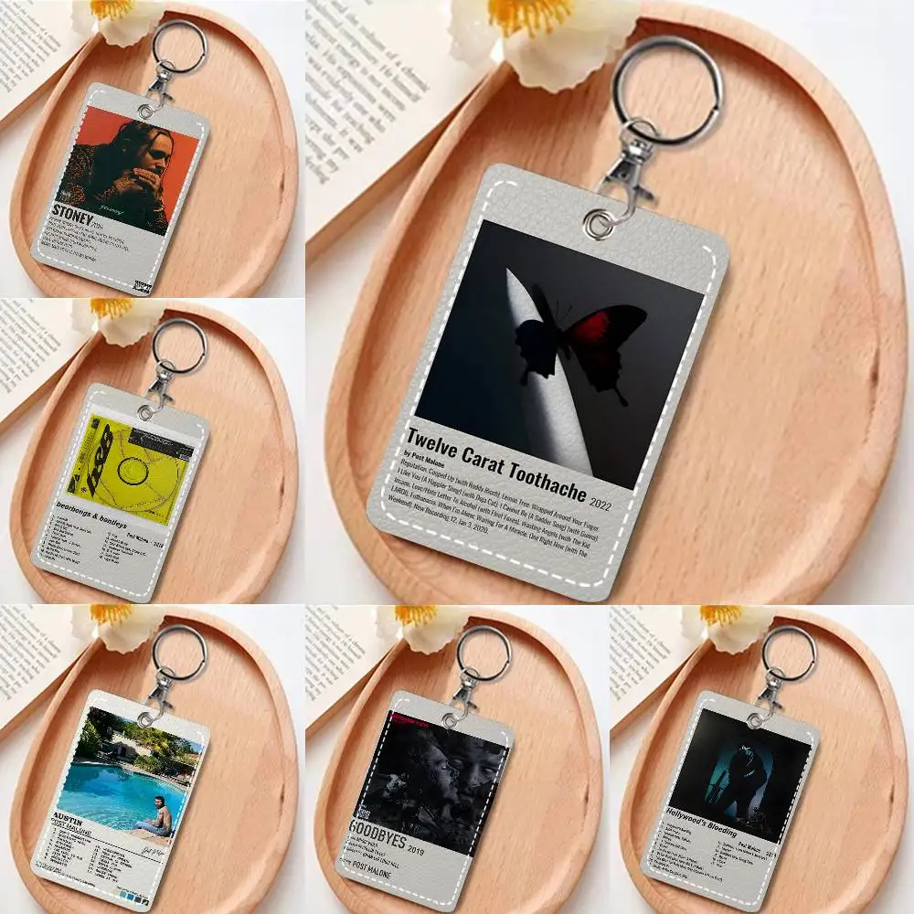 Post Malone Twelve Toothache Bleeding Hip Hop Music Album Card Case Keychain Access Card Bag Key Tag Ring Leather Card Holder