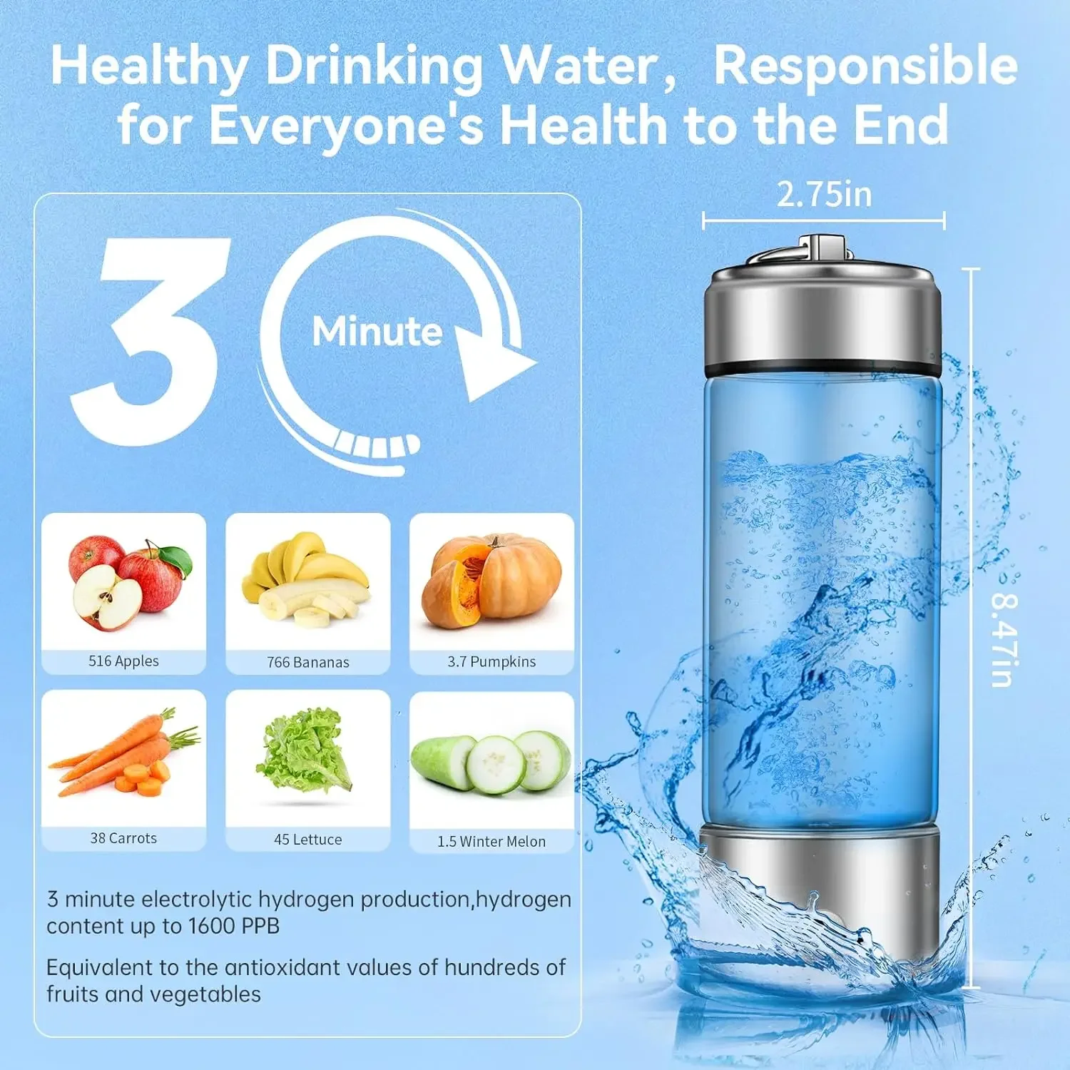 420ml Hydrogen Water Bottle Generator Portable Glass Hydrogen Water Rechargeable Hydrogen Water Bottle Office Household