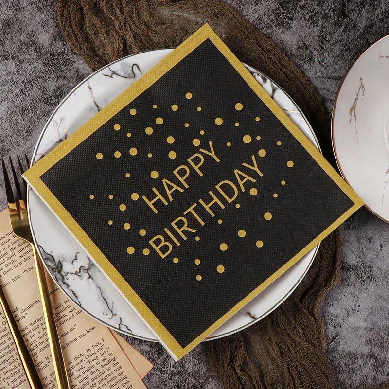 

2-Ply Birthday Party Colorful Printing Napkins Square Paper Napkins Gold Lettering on Black Background Paper Placemats 20pcs/pac