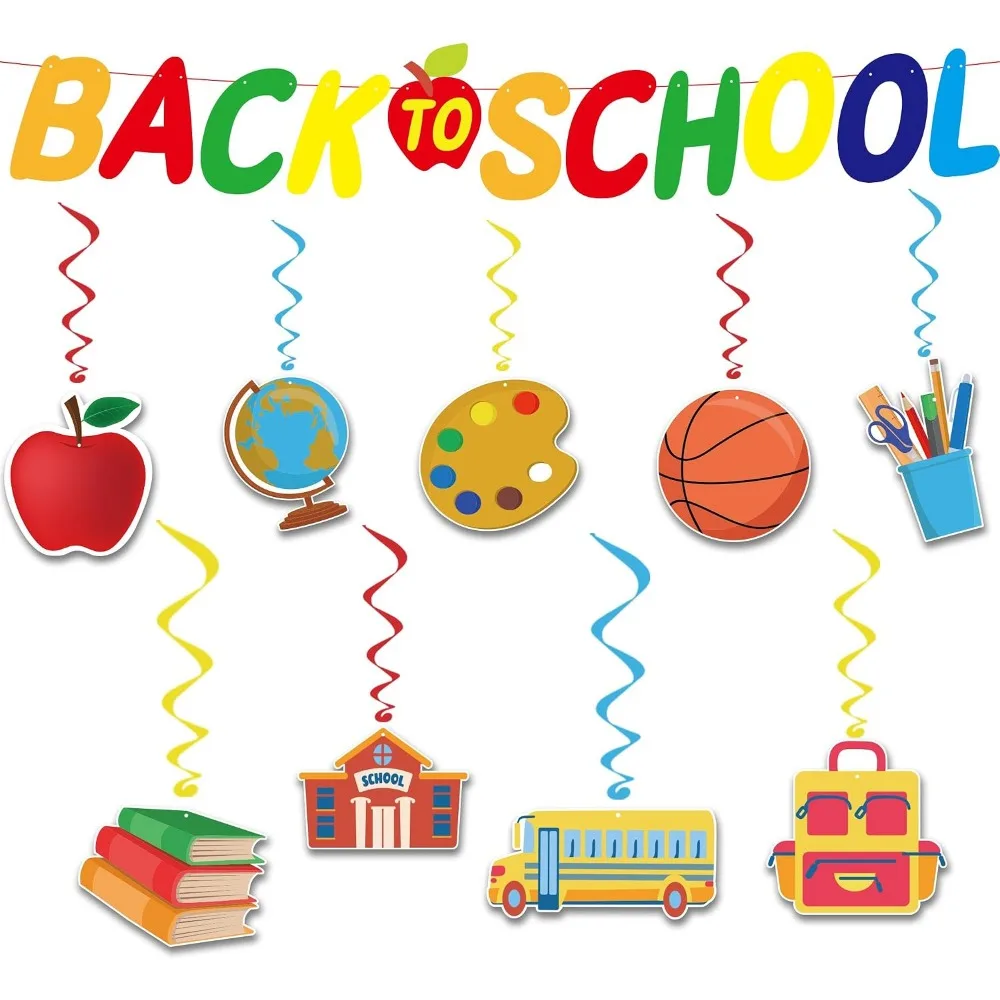 Indoor Outdoor School Decor: Hanging Swirls and Banner Sign for First Day Back