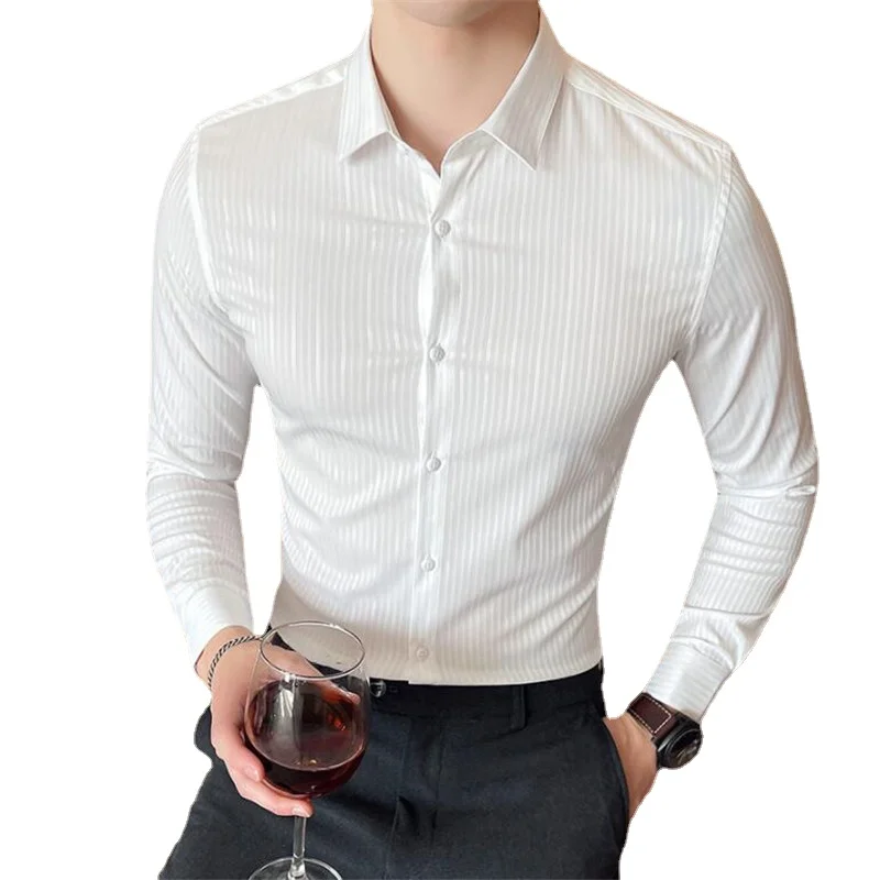 

Premium Brand Men Business Striped Shirt Black White Slim Fit Wedding Banquet Party Dress Shirts Homme Clothing Size 3XL-S