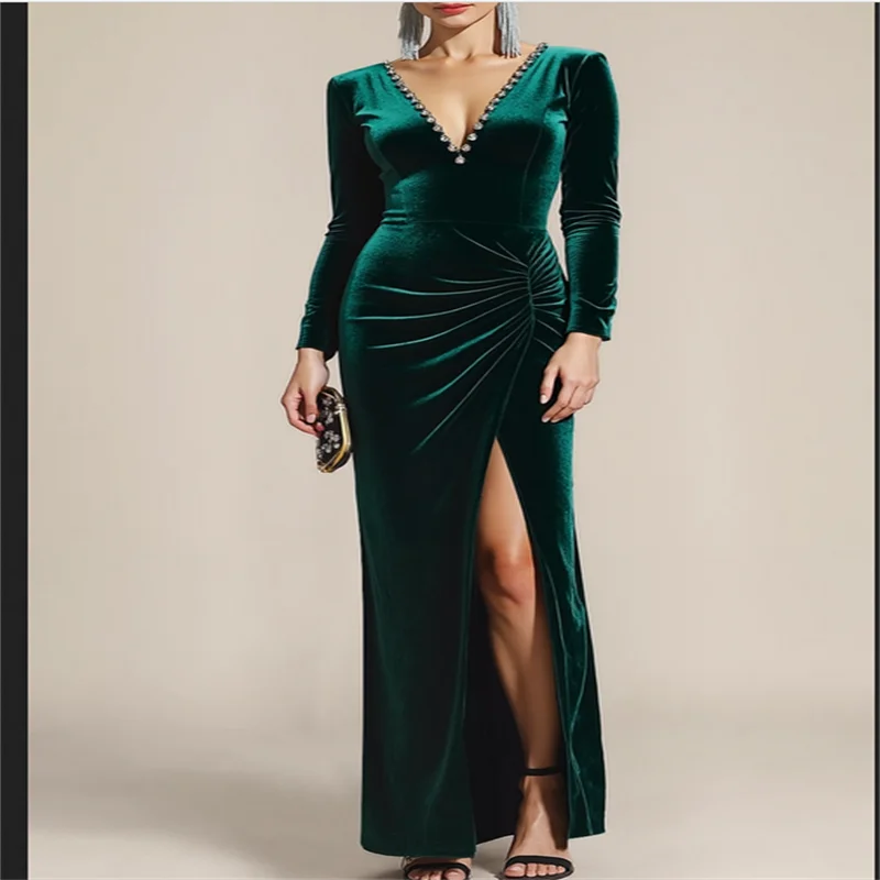 فساتين حفلة موسيقية مخملية باللون الأخضر الداكن للنساء مخصصة برقبة على شكل حرف V فستان أم بأكمام طويلة لأم العروس