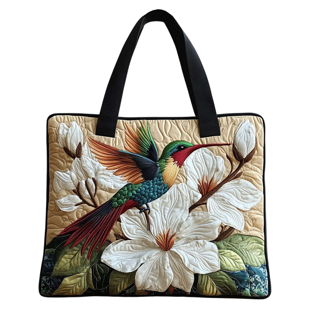 Hummingbird Magnolia Quilted Tote Bag Soft Floral Shoulder Bag Elegant Handbag for Commute Daily Carry