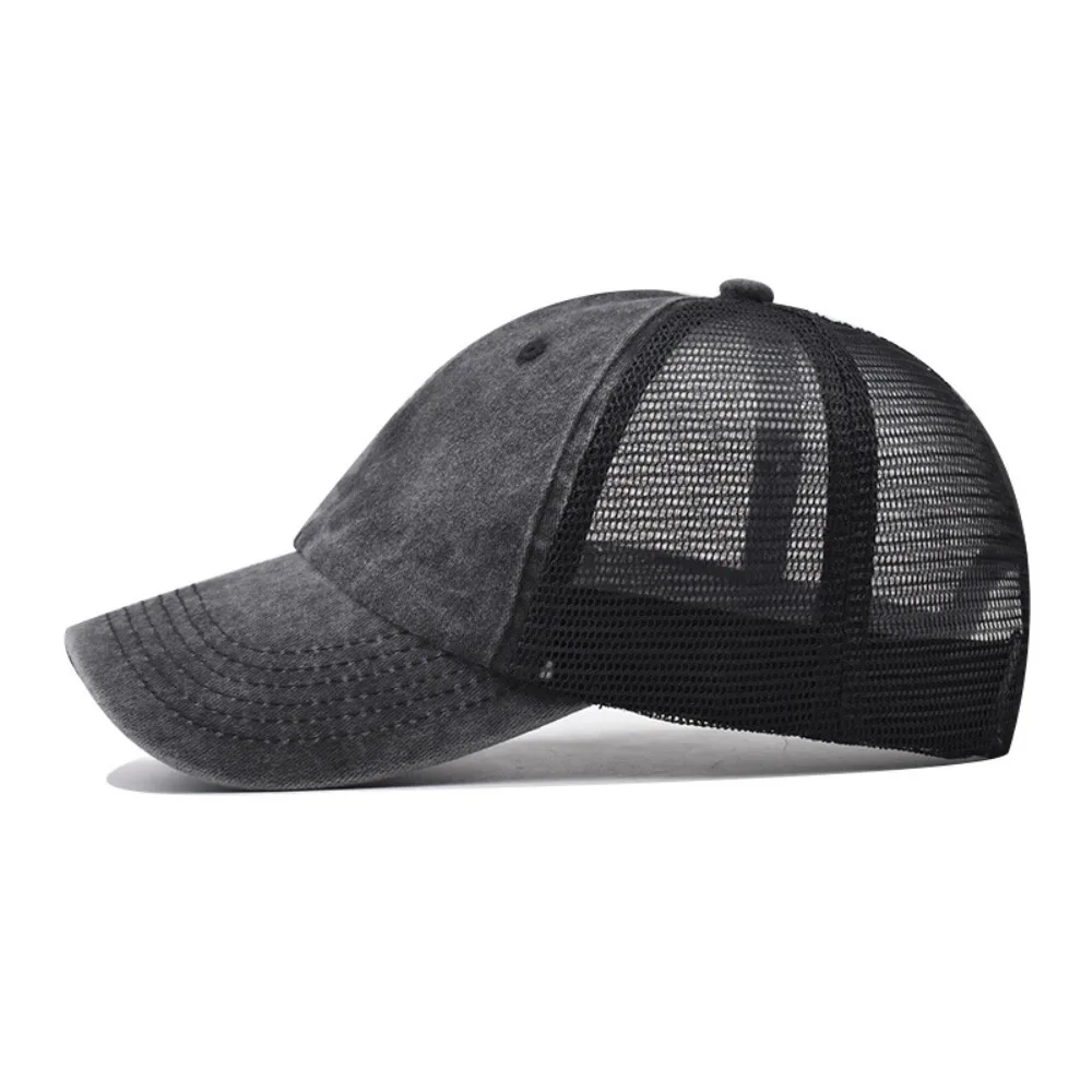 Modische Baseballkappe aus gewaschener Baumwolle, UV-Schutz, atmungsaktive Sportmütze, verstellbare Denim-Mesh-Kappe, Sommer für Damen und Herren – Detail 5
