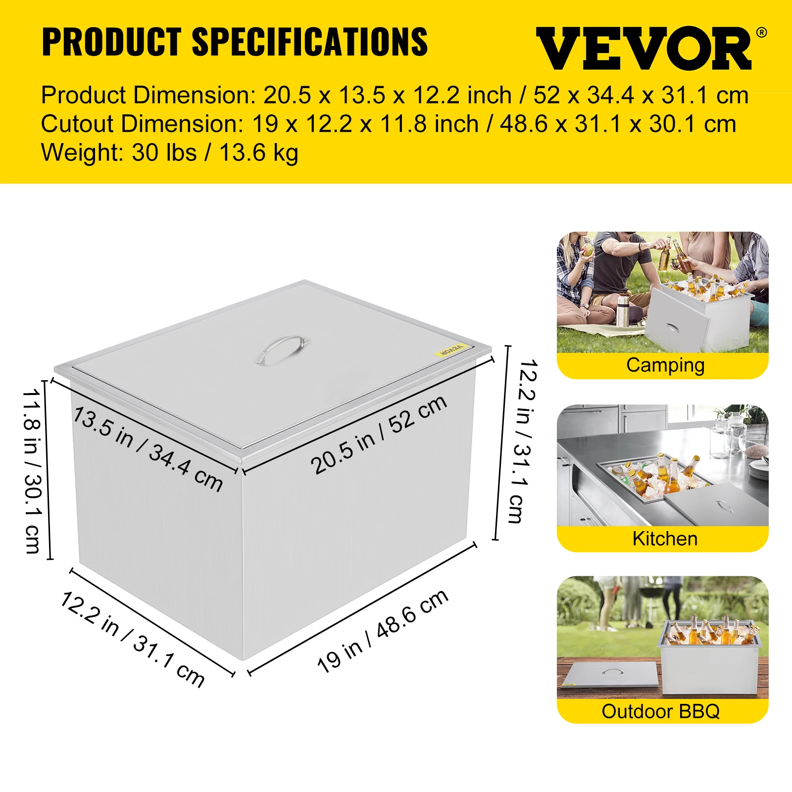 VEVOR 30L 33L 66L 104L 115L Drop in Ice Bin Wine Chiller Cooler Stainless Steel Handle Patio With Drain Valve for Outdoors Party