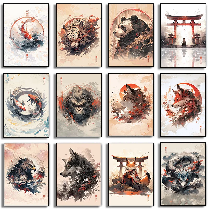 Pósteres de animales japoneses, arte de pared de gato, zorro, Koi, pez, Lobo, águila, Panda, Tigre, gorila, pintura en lienzo, impresión de imagen de pared, decoración de habitación