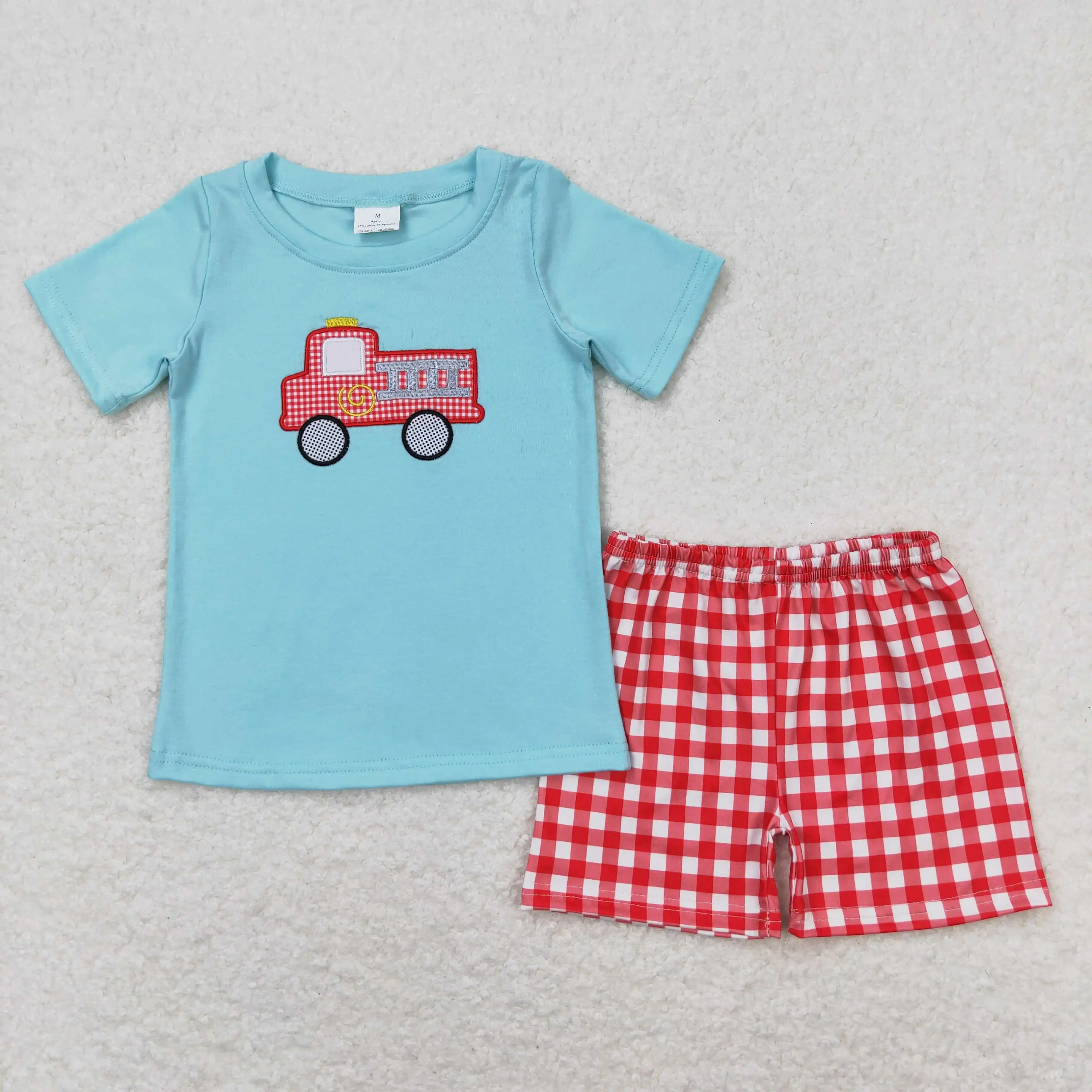 

z93-14 BSSO0549 New toddler boys sets Embroidered Short Sleeve Red Plaid Shorts Suit Wholesale Summer baby boys clothes sets