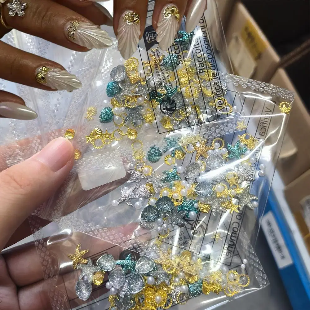 1Bag 3D Summer Ocean Theme Nail Charms Mixed Metal Starfish,Shell,Pearls Nail Art Decorations DIY Sea Manicure Rivet Accessories