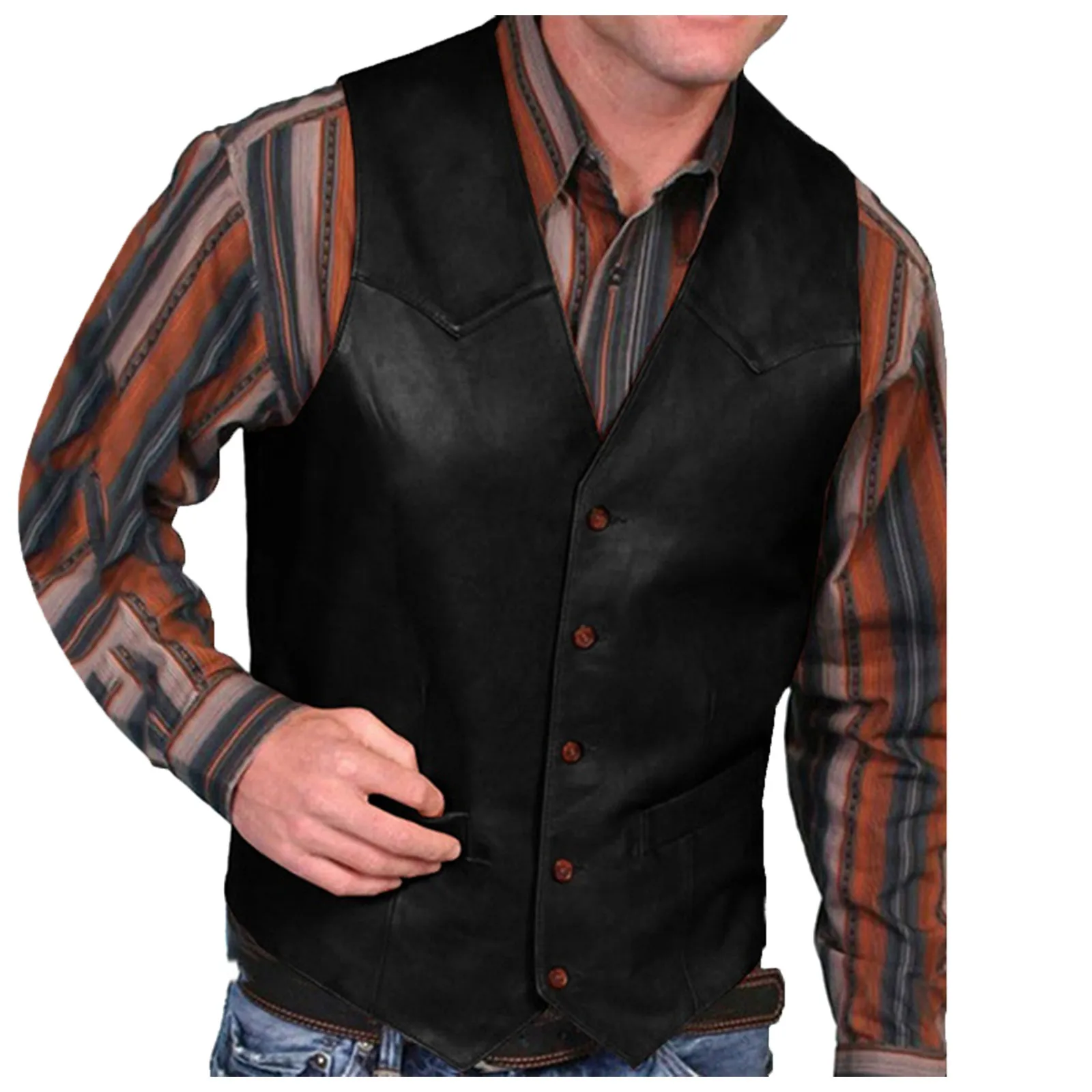 Mens Leather Vest Coat With Button Single-Breasted Solid Color V Neck Men's Sleeveless Vest Retro Men's Jackets Luxury Blouse