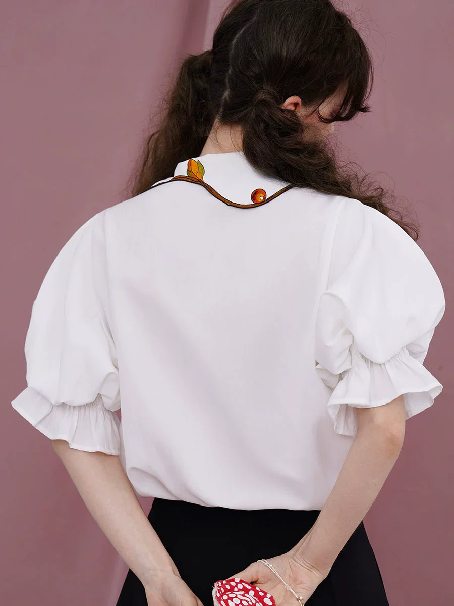 100-108cm Bust Spring Summer Original Design Women Vintage All-match Mushroom Embroidered Collar White Shirts/Blouses