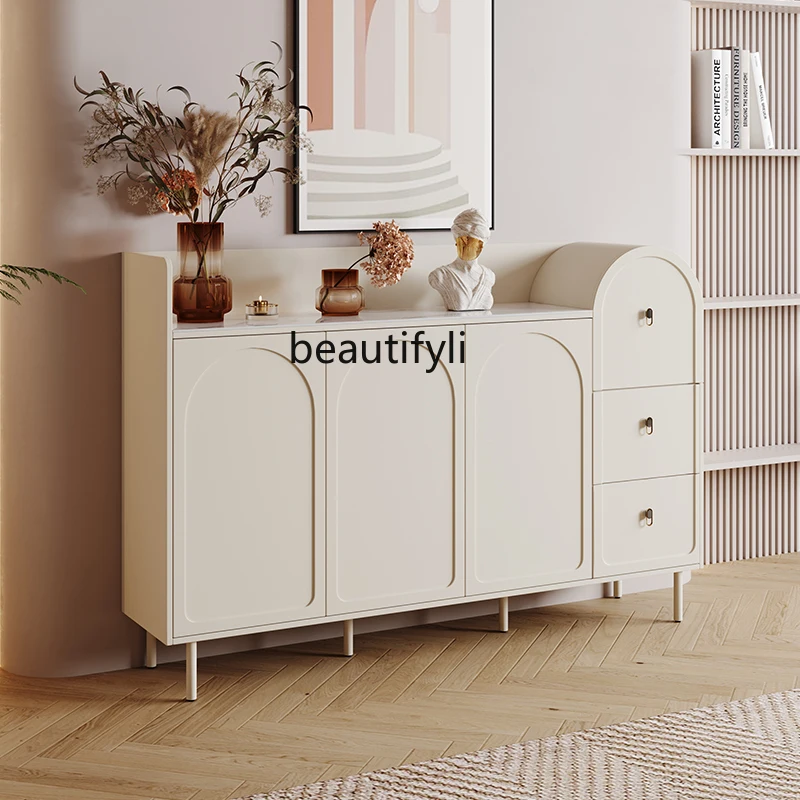 

zq Locker Living Room Wall Small Apartment Stone Plate Tea Cabinet French Cream Style Sideboard Cabinet