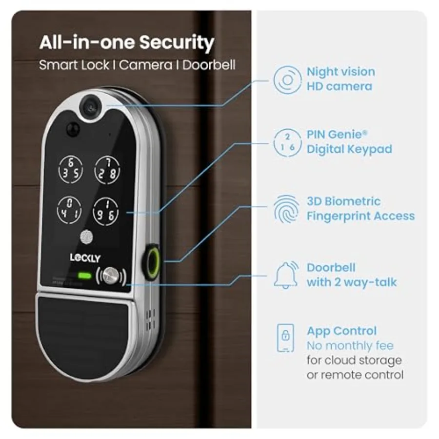 Front door smart Wi-Fi deadbolt with camera, aluminum alloy body, matte black finish, motion sensor + 2-way audio doorbell + fi