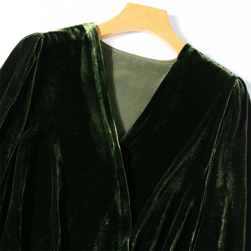 Women Silk Velvet Shirt 100% Mulberry Silk Lining Dark Green Blouse Top V Neck Loose Type Long Sleeve Cardigan Office Lady M1228